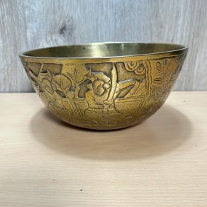 Vintage Chinese Brass Engraved Dish Bowl 24cm China c1930s Old Patina
