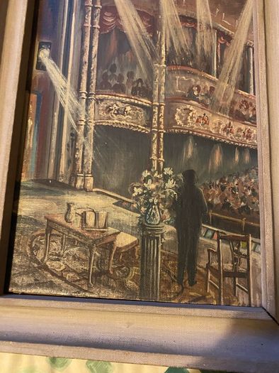 painting This is a striking dramatic artwork depicting a stage performance or lecture scene inside a classic, ornate theatre or opera house.