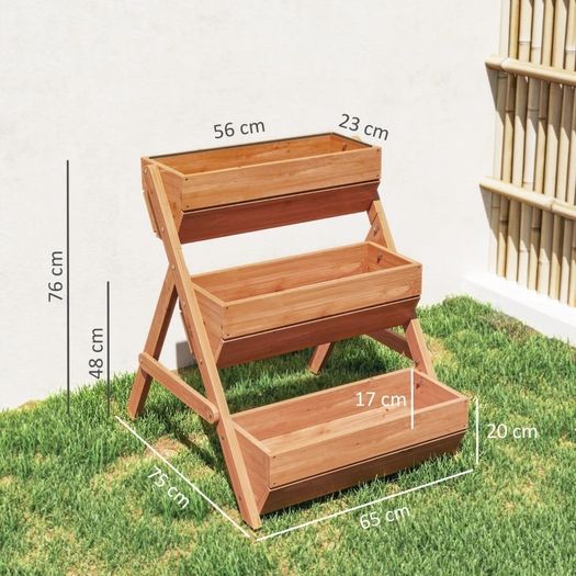 3 Tier Raised Garden Bed Wooden Elevated Planter Box Kit, 66L for Flower, Vegetable, Herb, 65x75x78cm, Brown
