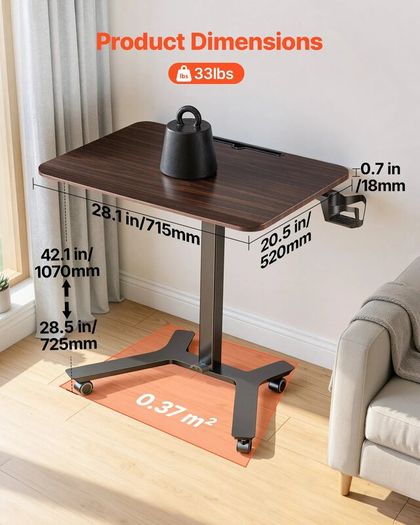 Adjustable Standing Desk 715 x 520mm, Mobile Sit Stand Computer Workstation with Wheels, Pneumatic Height Adjustment, Foot Pedal Lift, 15kg Capacity, Black