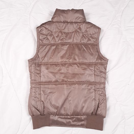 Per Una Bronze Beige Brown Metallic Quilted Puffer Vest Zip-Up Bodywarmer Gilet Size S