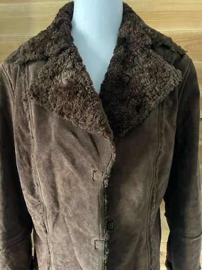 Shearling coat jacket fur suede leather women Gerry Webber size 10-12 brown