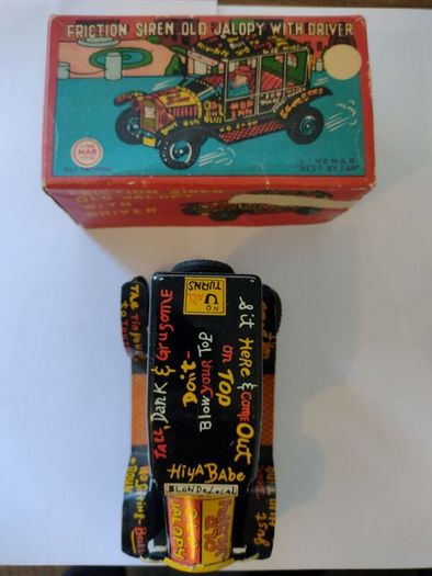 Line-Mar : Friction Siren Old Jalopy with Driver - Boxed (1940s - 1950s Rare)