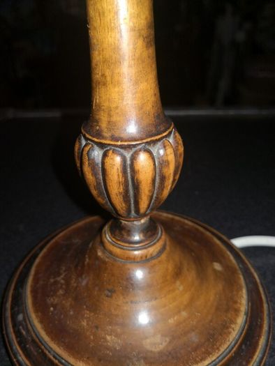 Antique hand carved wooden lamp with rare pink mottled glass shade