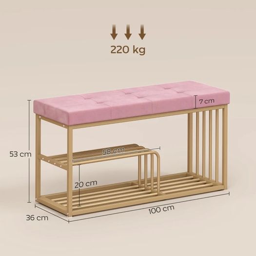 Bench and Shoe Storage, Tufted Shoe Storage Bench with Velvet Seat Cushion Gold Steel Frame for Entryway, Pink