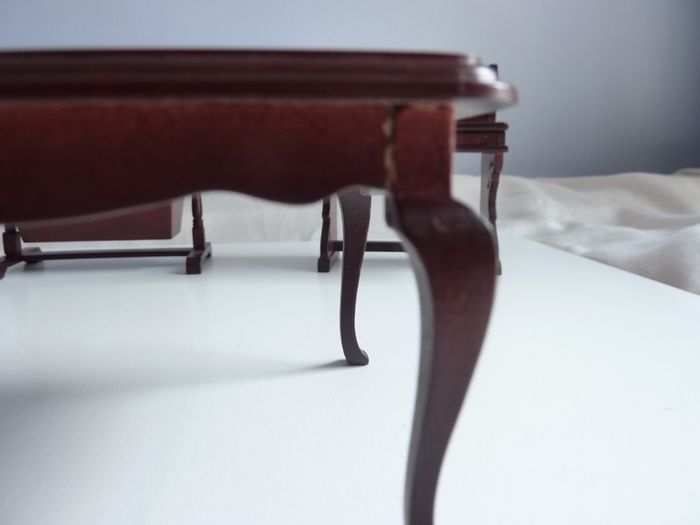 Vintage wood doll's house dining room furniture & tableware