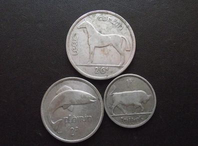 1941 Irish Republic. Set of 3 Silver Coins: Half Crown&Florin&Shilling