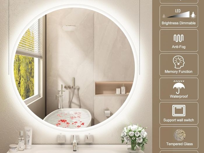 LED Bathroom Mirror 60cm Round Makeup Ensuite Fog Free Demister Vanity Bright Light Dual LED Memory Function Touch Switch