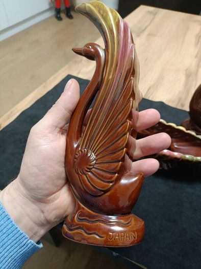 Redware 3 pc Matching Set 2 Swans Figurines 1 Planter Bowl Marked Japan Colorful
