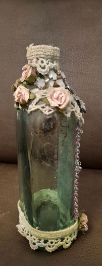 Stunning Vintage Style Altered Art Glass Bottle  Decorative Cross and Floral Detail