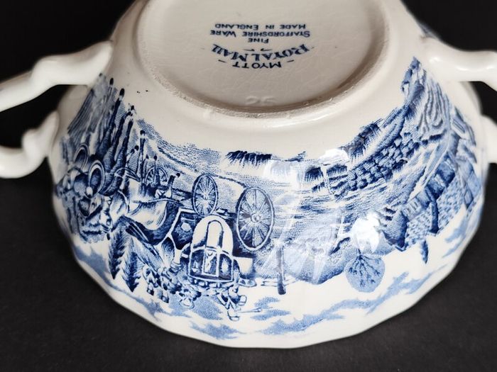 A Set of Six Myott Staffordshire Ironstone Royal Mail Soup Bowls and Melody Saucers