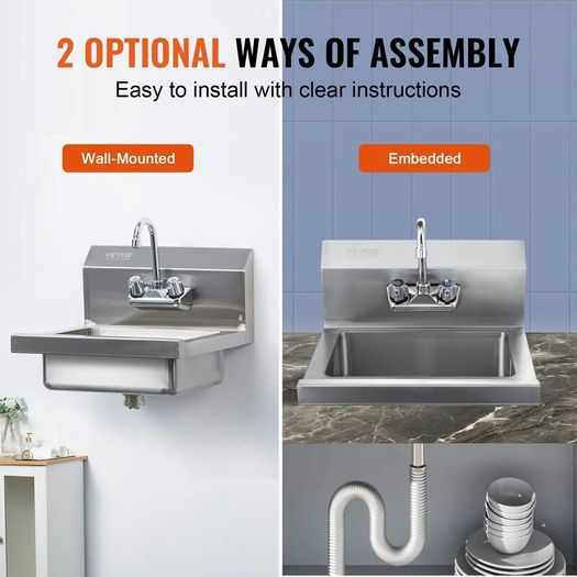 Commercial Stainless Steel Hand Wash Sink with Faucet, Wall-Mounted Utility Basin, 17 x 12.8 Inch for Restaurant, Kitchen, Bar, Garage & Home