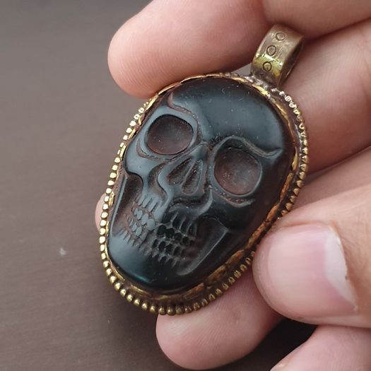 Vintage Gold Plated brass Floral Desgin &carved Skull shape Jade Pendant