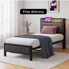 Single Bed Frames with Storage Headboard and Charging Station/LED Lights