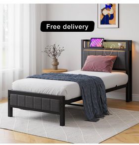 Single Bed Frames with Storage Headboard and Charging Station/LED Lights