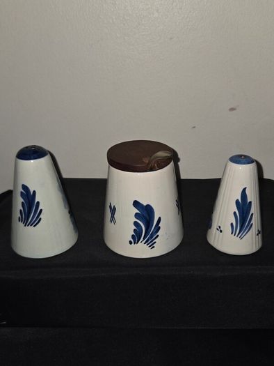 Vintage Delft Blue Salt and Pepper Shakers with matching Sugar Bowl