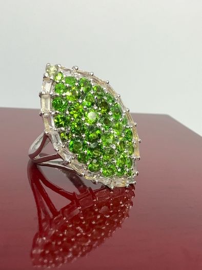 Silver Chrome Diopside & White Topaz Halo Ring