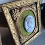 A pair of MidCentury Kelgin wall hanging Plaster  Vintage decorative pair of wall plaques featuring plaster cameos on green velvet background with ornate gold relief plaster frames Image 7