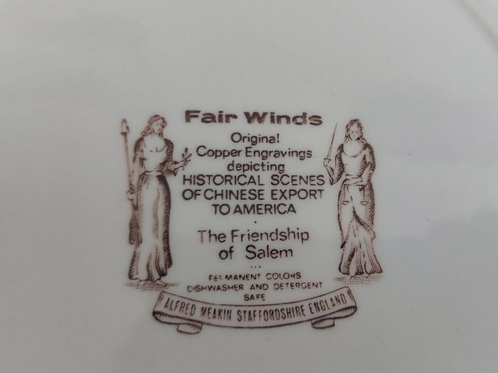 Vintage Set of Six Brown and White Fair Winds, Historical Scenes of Chinese Export to America - "The Friendship of Salem" Large Dinner Plates by Alfred Meakin