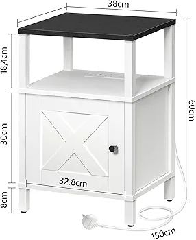 Beside Table with Charging Station, Side Table with Storage, Bedside Cabinet with USB Ports and Outlets, Wooden Nightstand for Bedroom, Living Room White and Black
