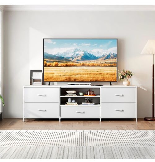 TV Stand Cabinet, TV Unit with 5 Drawers, 140 cm, White TV Console Table with Storage Organizers, Entertainment Center with Open Shelf for Living Room, Bedroom
