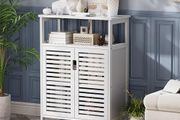 Bathroom Floor Storage Cabinet, Freestanding Bamboo Side Storage Organizer with Double Doors and Open Shelves, Space Saving Small Kitchen Cupboard, White