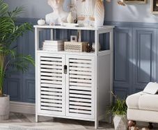 Bathroom Floor Storage Cabinet, Freestanding Bamboo Side Storage Organizer with Double Doors and Open Shelves, Space Saving Small Kitchen Cupboard, White