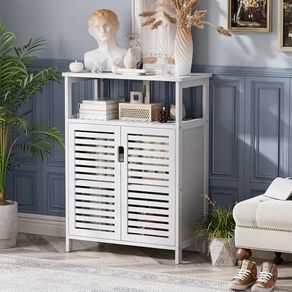 Bathroom Floor Storage Cabinet, Freestanding Bamboo Side Storage Organizer with Double Doors and Open Shelves, Space Saving Small Kitchen Cupboard, White