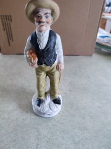 Vintage Grandpa Statue Holding Cane & Carrying Basket of Vegetables Bisque Porcelain Farmer Figure Retro Old Man Figurine Grandfather