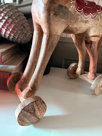 New vintage inspired 45cm high hand carved horse on wheels with washed wood finish