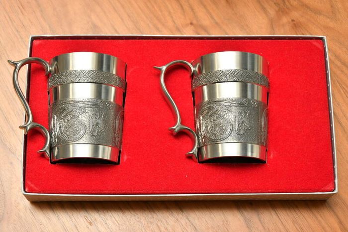 Vintage Pair of Mullingar Pewter Celtic Kells Tankards 10oz Toyota Golf Cup 1987 (Set of 2)