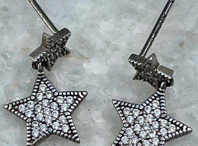 Vintage 925 Sterling Silver CZ Star Drop Earrings