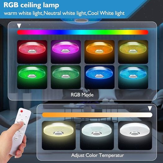 36W LED Ceiling Light with Bluetooth Speaker, Intelligent with Remote Control and APP Control, RGBW Colour Change, Adjustable for Bedroom, Kitchen, Bathroom, Nursery, Living Room