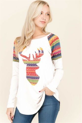 Ladies Women Christmas T Shirt Top Long Sleeve Merry Little Reindeer Holly Jolly