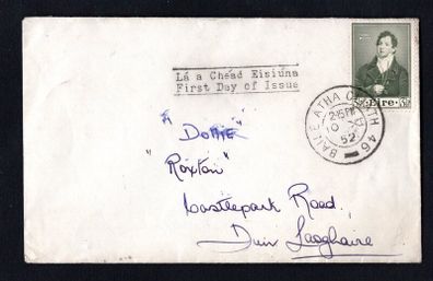 1952 Ireland Centenary of the Death of Thomas Moore (Poet & Musician) 3 1/2d Commemorative Stamps Addressed First Day Cover (FDC) with Baile Atha Cliath (Dublin) Cancel of 10th November