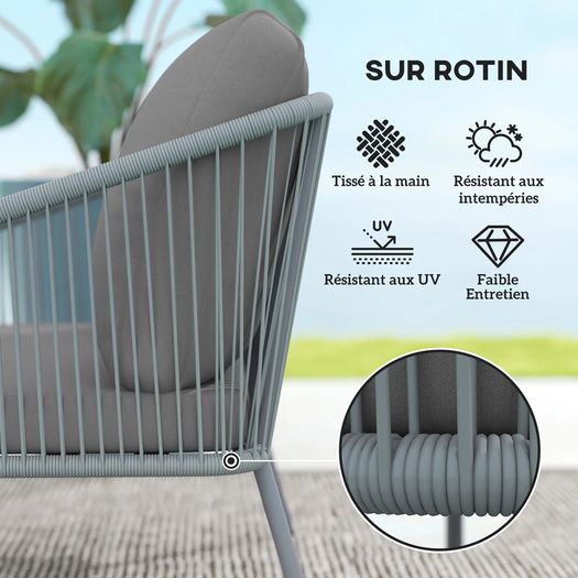 2-Seater Resin Wicker Garden Sofa with Cushions, Outdoor Sofa with Armrests, Steel Frame