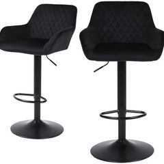 Bar Stools Set of 2, Height Adjustable Velvet Fabric Swivel Barstool Bar Chairs, Breakfast Dining Stools With Backrest and Armrest for Bar, Counter and Kitchen,Black