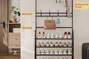 Coat Rack Shoe Rack With Storage Shelf Freestanding with 8 Hooks for Entryway Bedroom Closet 4 Tier, Black