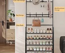 Coat Rack Shoe Rack With Storage Shelf Freestanding with 8 Hooks for Entryway Bedroom Closet 4 Tier, Black