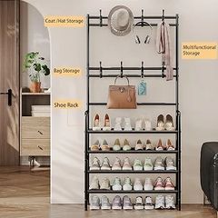 Coat Rack Shoe Rack With Storage Shelf Freestanding with 8 Hooks for Entryway Bedroom Closet 4 Tier, Black