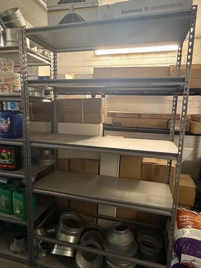 Rivet Shelving 2130h x 1220w x 457d 6 level angled 250kg UDL laminated timber for sale - very good condition