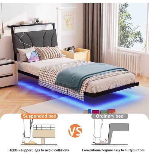 Single with LED Lights,Ergonomic Headboard with USB Charging,Bed Frames Noise-Free Metal Slats,Black