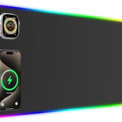 Wireless Charging RGB Gaming Mouse Pad 15W, LED Mouse Mat 800x350x4MM, 10 Light Modes Extra Large Mousepad Non-Slip Rubber Base Computer Keyboard Mat for Gaming (Black-Dual Magnetic)