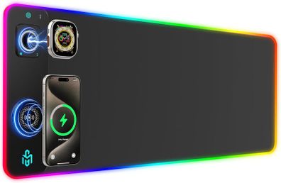Wireless Charging RGB Gaming Mouse Pad 15W, LED Mouse Mat 800x350x4MM, 10 Light Modes Extra Large Mousepad Non-Slip Rubber Base Computer Keyboard Mat for Gaming (Black-Dual Magnetic)