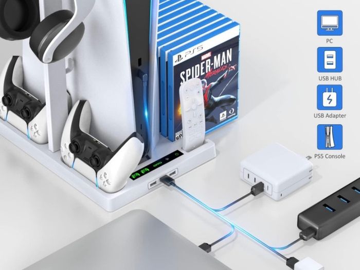 PS5 Stand with Cooling Fan and Headphone Holder, PS5 Cooling Fan with Dual PS5 Charging Station, PS5 Accessories for PS5 Console with 15 Game Slots (FREE POSTAGE)