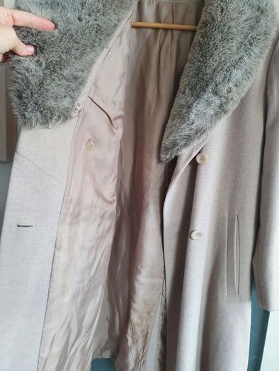 M&S wool and cashmere mix light taupe longline coat with detachable luxurious faux fur collar Sz 12 L (Fit 14-16UK)