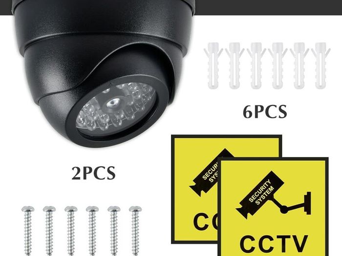 Dummy Cameras Fake CCTV 2PCS, Dome Dummy Fake Security CCTV Camera Simulation Monitor with Flashing LED Light, Dummy CCTV Camera Outdoor Indoor, Dummy Fake Camera Waterproof with 2 CCTV Signs + Screws