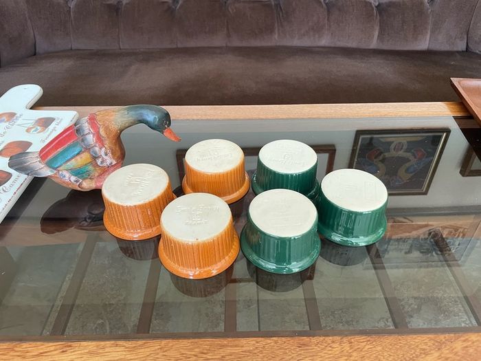 Vintage Mixed Set Emile Henry Ramekins Brown and Green Ribbed Oven to Tableware Set of 6 1980s 2000s