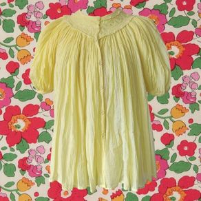 VINTAGE 1970s folk smock blouse Indian cotton delicate yellow embroidered florals S M Made in India summer holiday