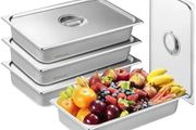 4 Pack Hotel Pans, Full Size Anti-Jam Steam Pan with Lid, 0.8mm Thick Stainless Steel Steam Table Pan, 4-Inch Deep Commercial Table Pan, Catering Storage Food Pan, for Industrial &amp; Scientific